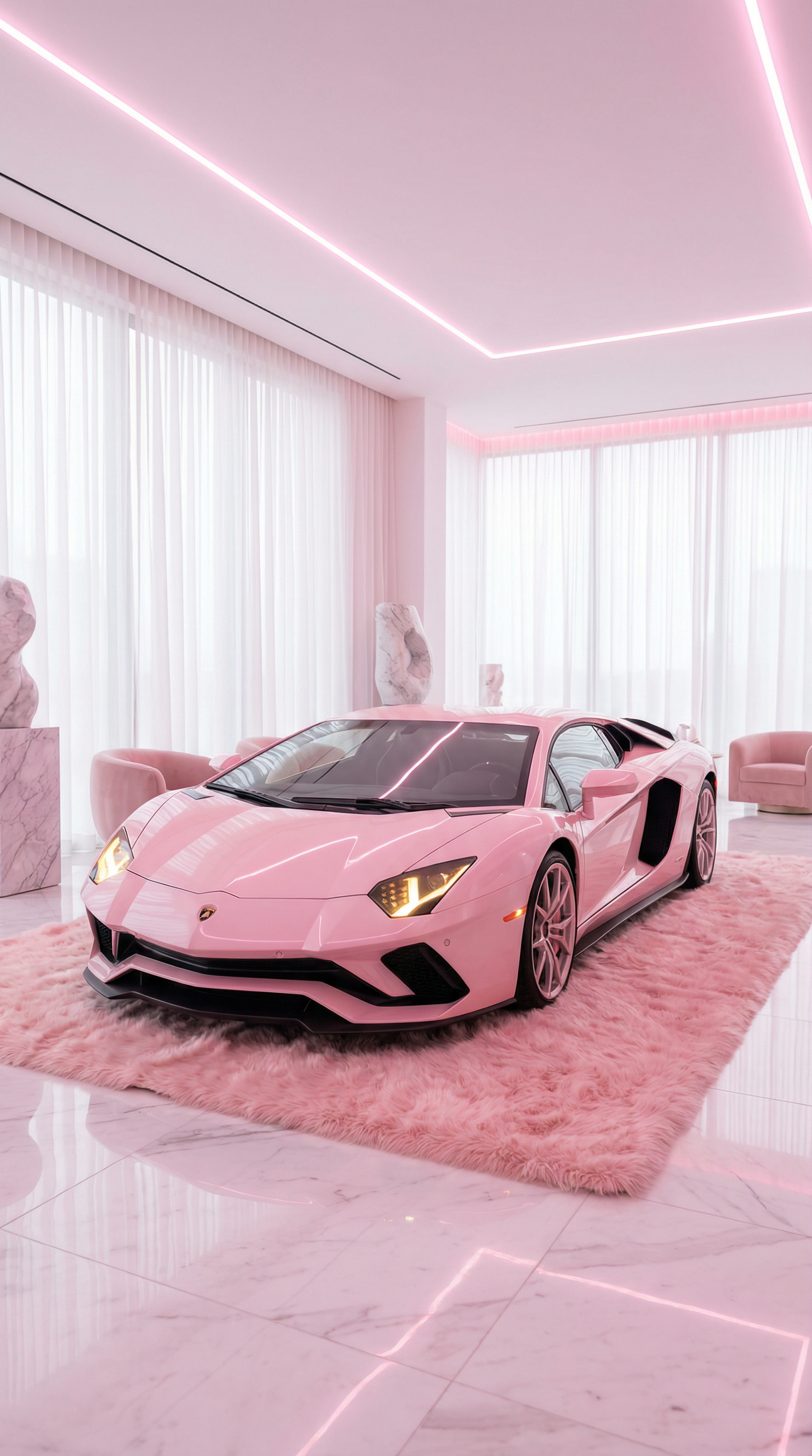 AI generated image using NANO_BANANA_PRO: Ultra-luxury aesthetic scene of a pastel pink Lamborghini Aventador parked indoo...