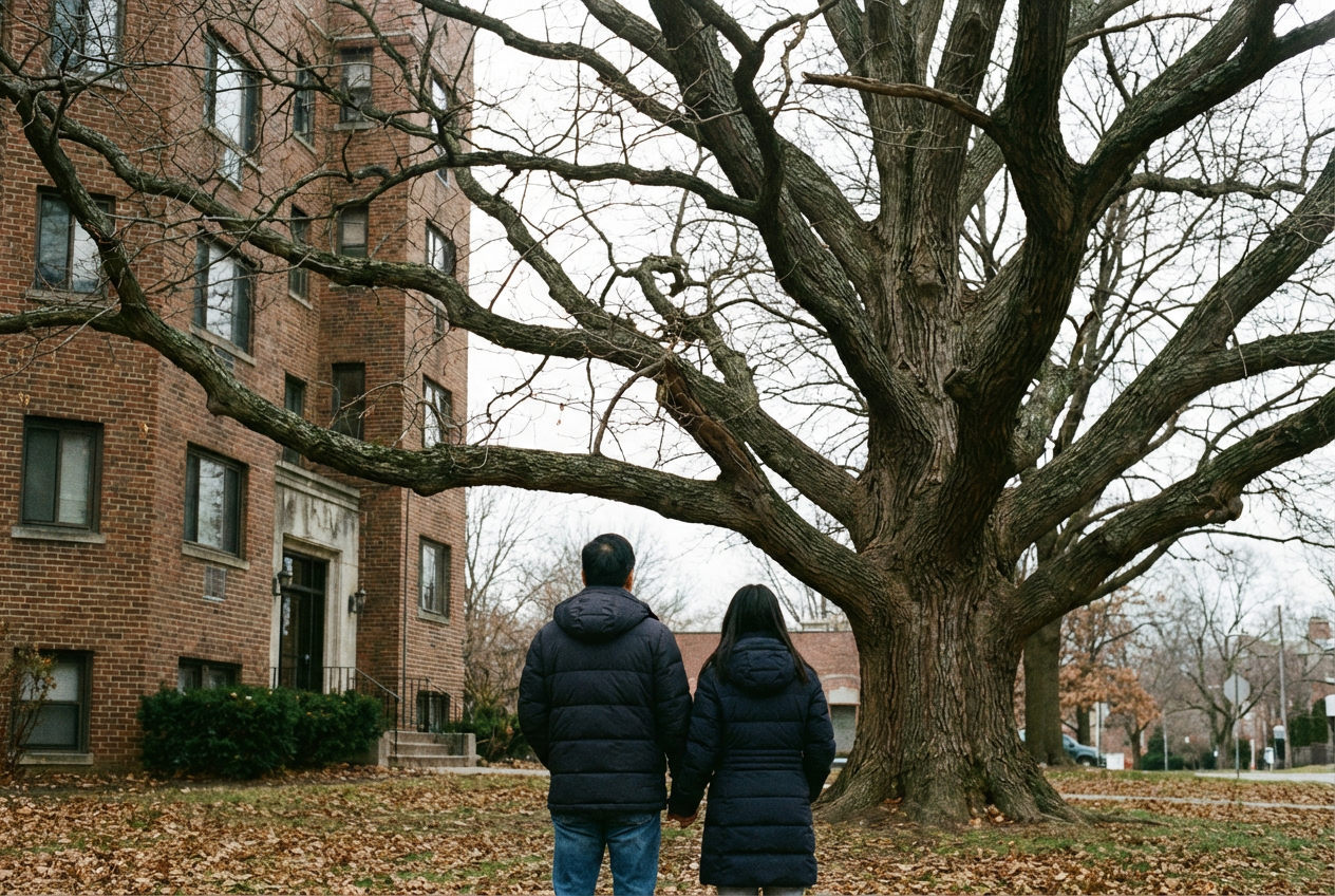 AI generated image using NANO_BANANA_PRO: A man in his forties and his fifteen-year-old daughter standing downstairs from ...