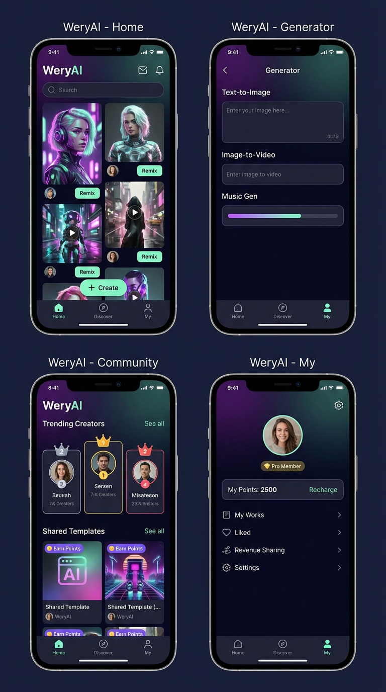 AI generated image using NANO_BANANA_PRO: Please design the UI style for an app named WeryAI, which is an AI creator commu...