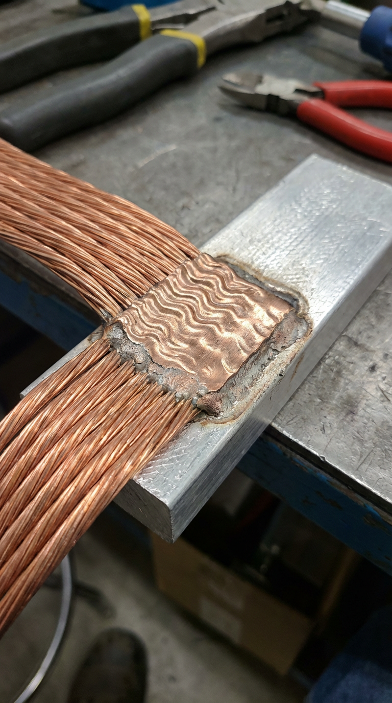 AI generated image using NANO_BANANA_PRO: Photograph of ultrasonic welding of copper cable and aluminum busbar