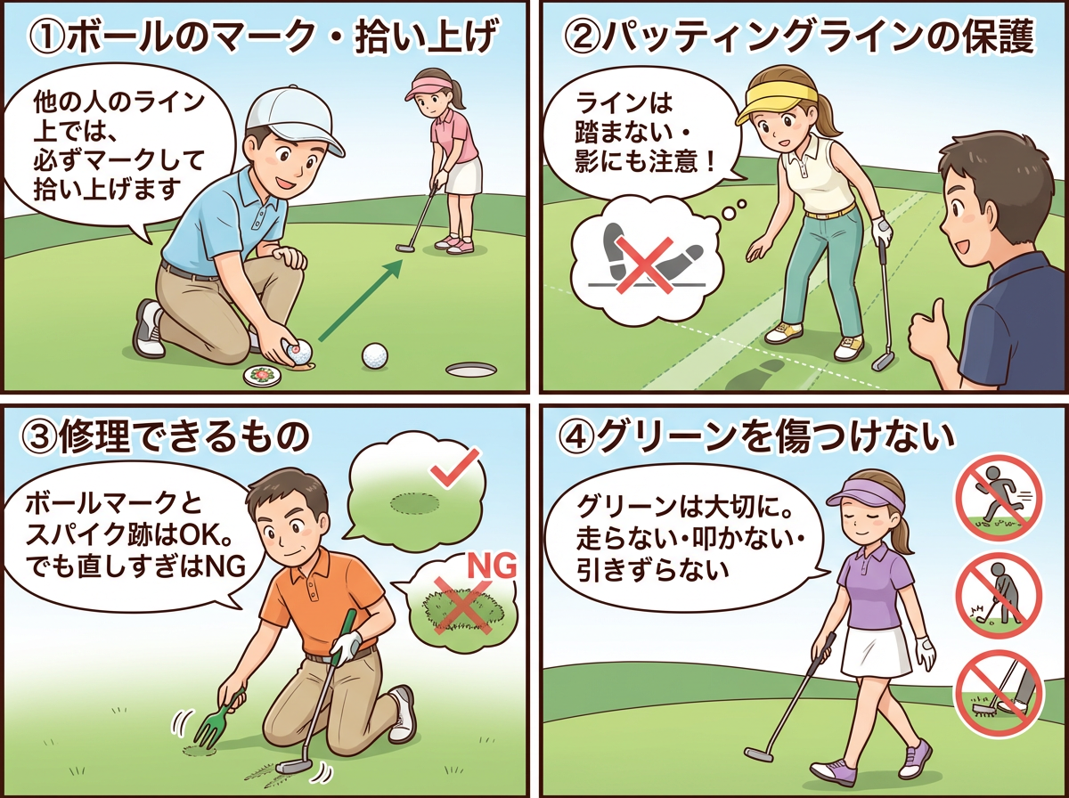 AI generated image using NANO_BANANA_PRO: A clean and friendly Japanese-style 4-panel golf manga. Comical but educational ...