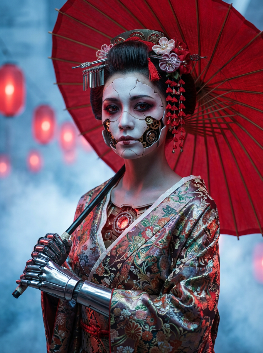 AI generated image using NANO_BANANA_PRO: Subject: Cyberpunk manga-style modified geisha, facial shell peeled away to reve...
