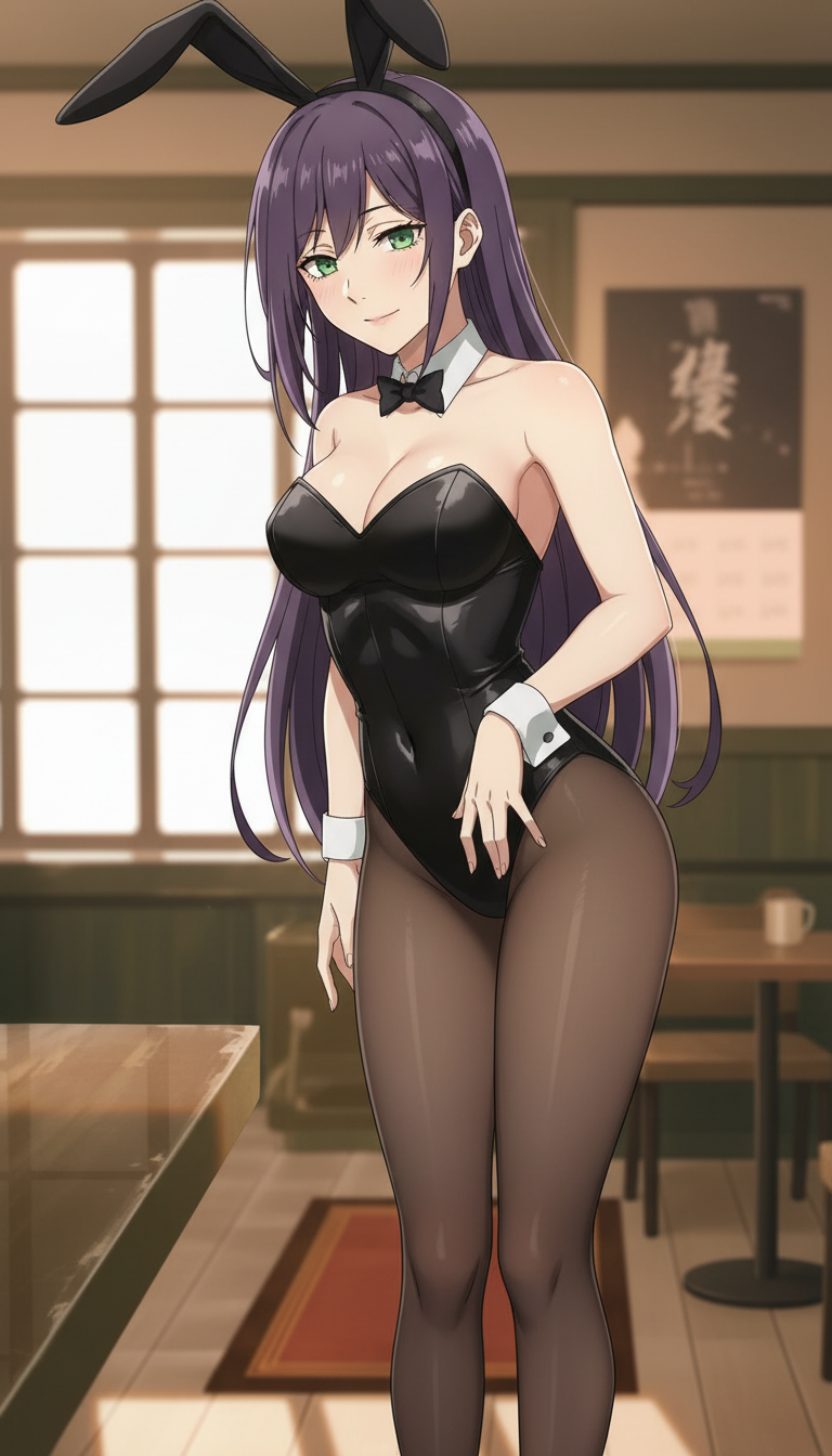 AI generated image using WERYAI_IMAGE_1_0: 
 Anime-style illustration of Reze from Chainsaw Man wearing a glossy black bunn...