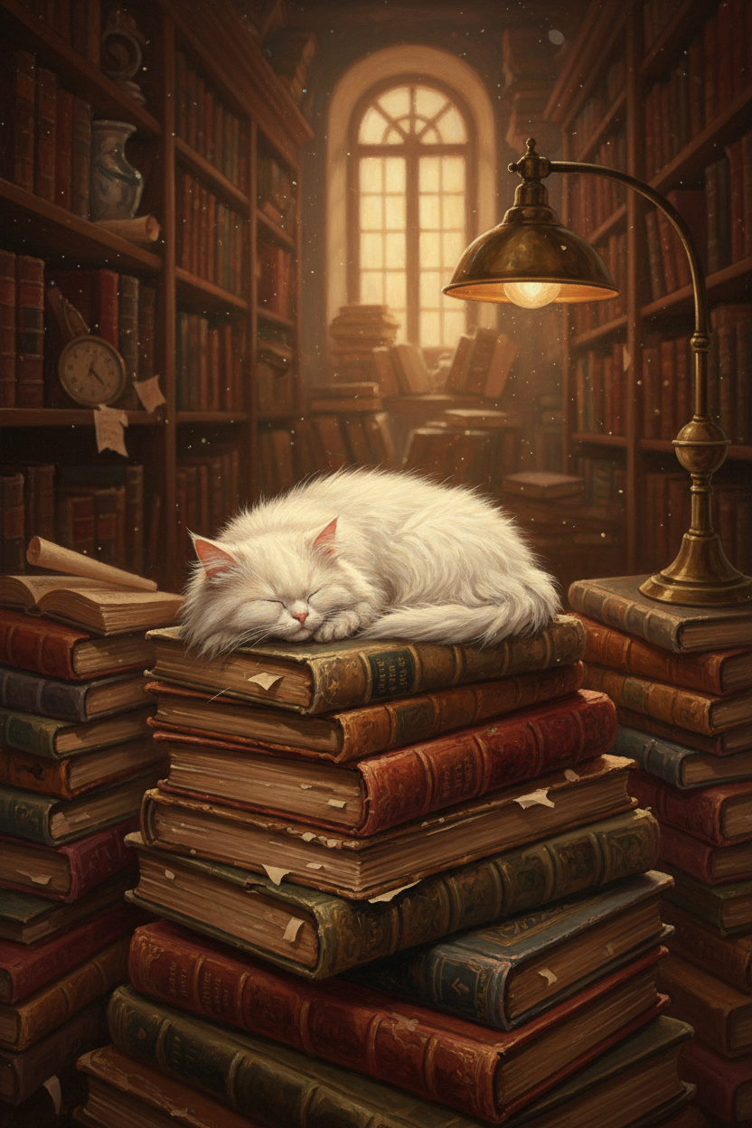 AI generated image using NANO_BANANA: a white long-haired cat curled up sleeping on a stack of vintage leather-bound b...