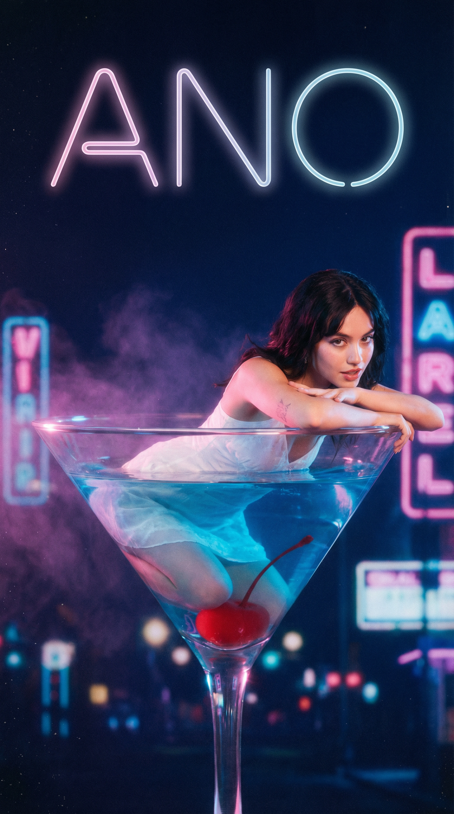 AI generated image using NANO_BANANA_PRO: アーティストの「あの」さんのポスターを作ります。 ・大きなカクテルグラスにブルーのカクテルとチェリー ・その中に白いワンピースを着たあのさんが入っている ・カク...