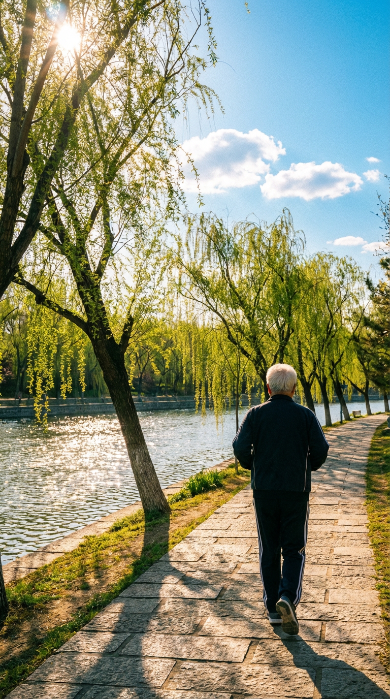 AI generated image using NANO_BANANA_PRO: Riverside park in the early morning. Sunlight gently spilling onto the cobblesto...
