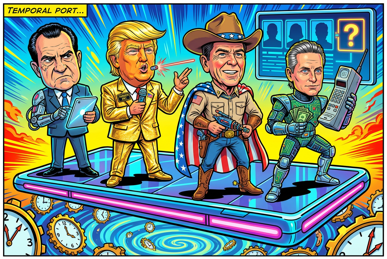 AI generated image using NANO_BANANA_PRO: A vibrant illustration for a Back to the Future themed quiz question. No text. R...