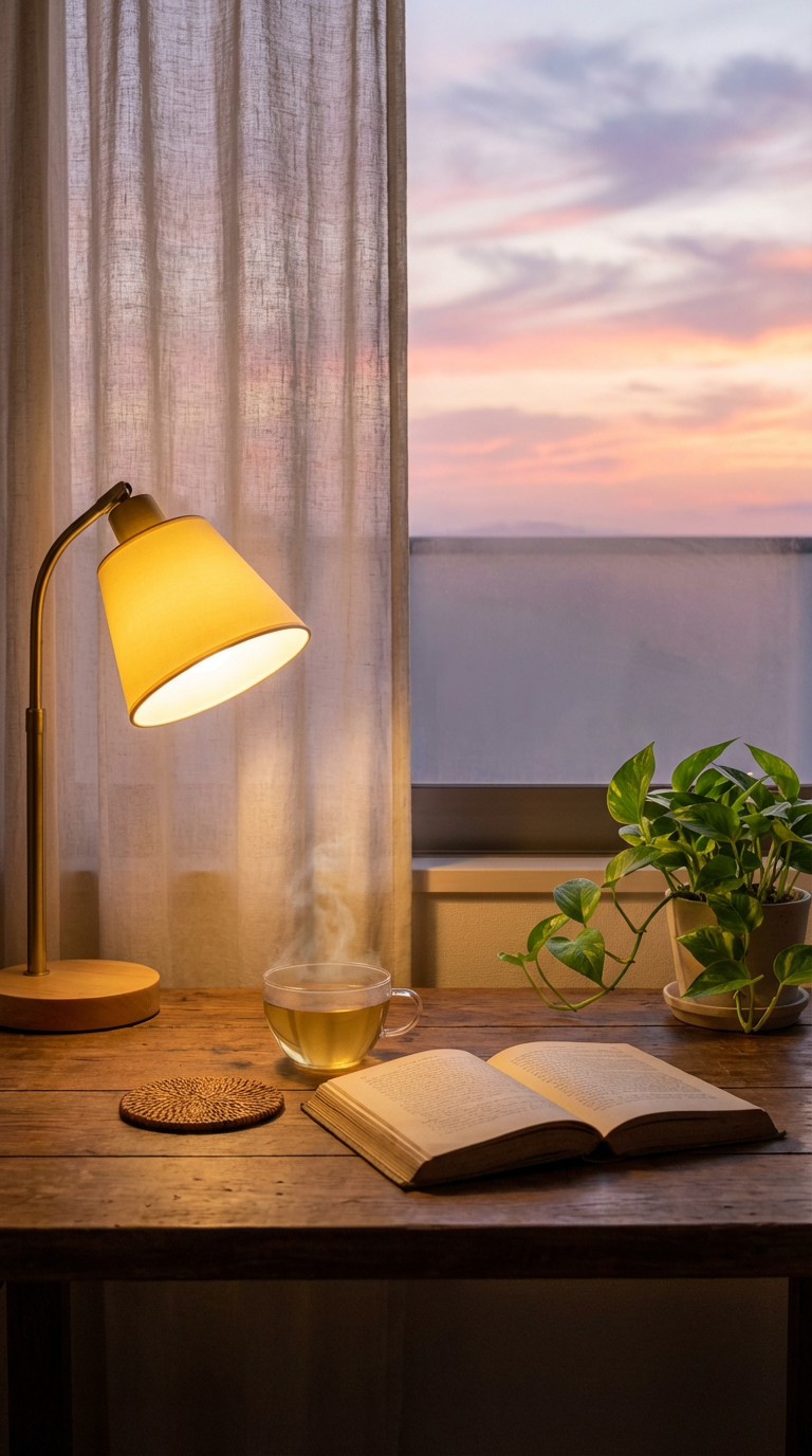 AI generated image using NANO_BANANA_PRO: A small wooden desk by the window. A warm yellow desk lamp emits a soft glow. On...
