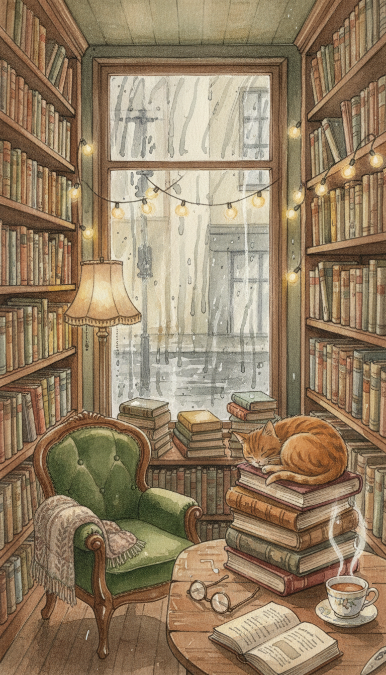 AI generated image using NANO_BANANA: Cozy independent bookshop interior rainy day, towering wooden bookshelves filled...