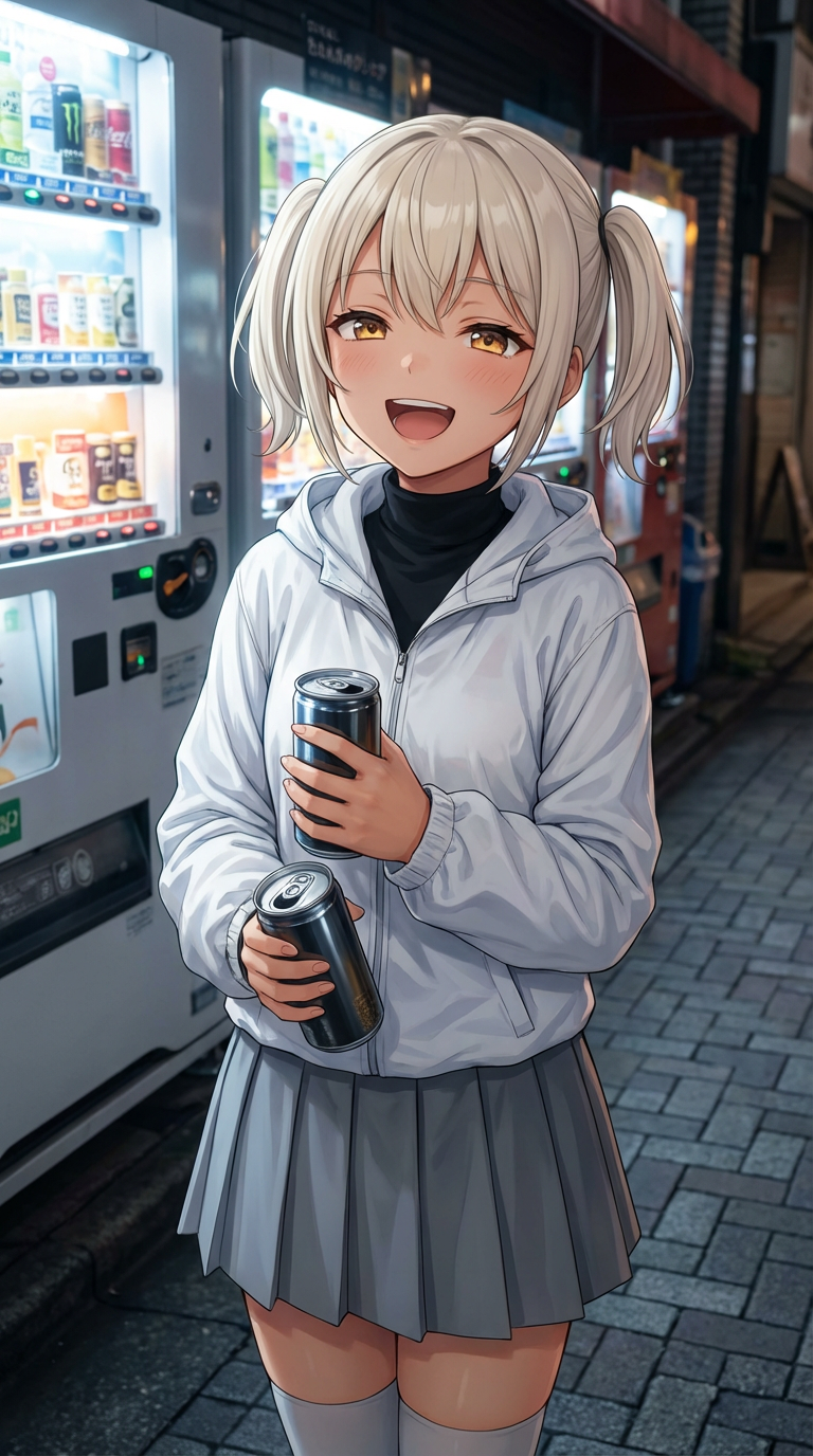 AI generated image using NANO_BANANA_PRO: Subject: A lively Japanese girl, short pale blonde hair tied in twin tails, ambe...