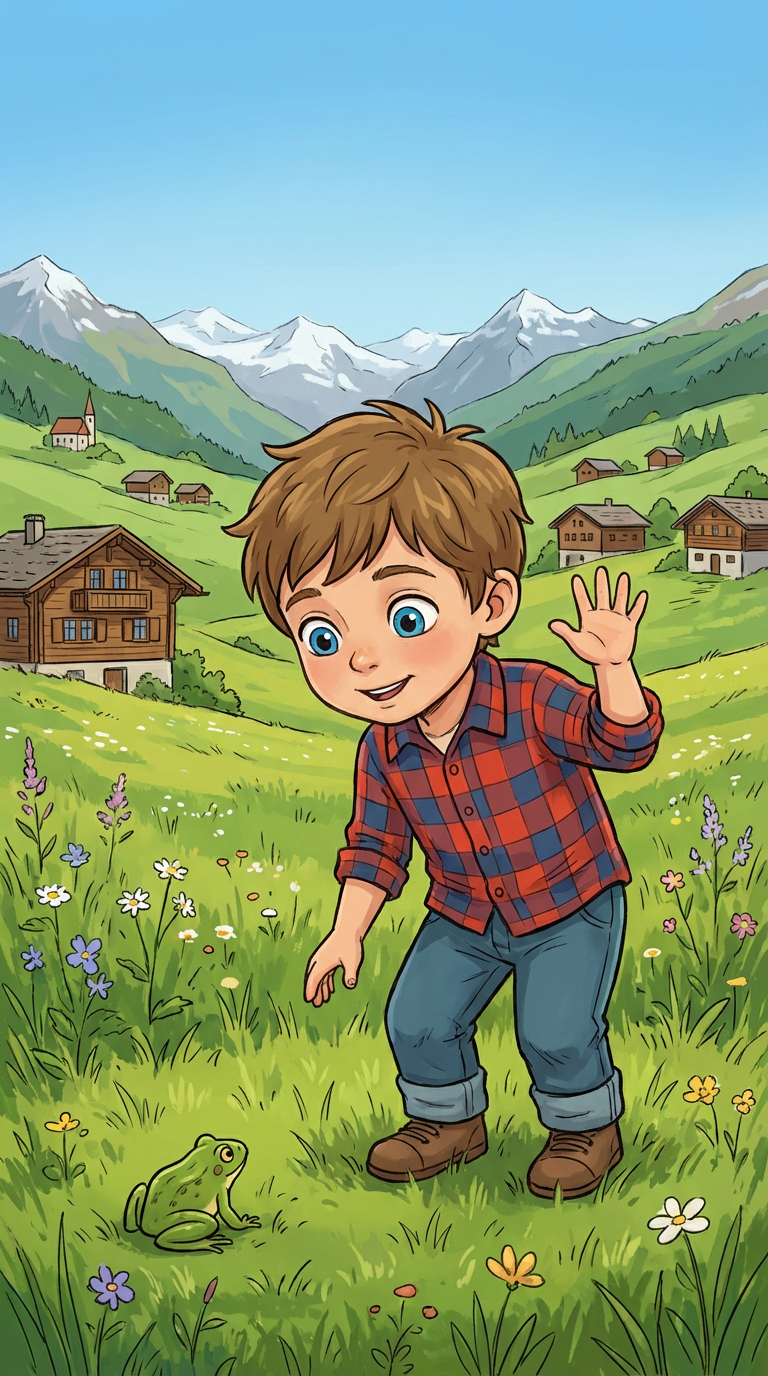 AI generated image using NANO_BANANA_PRO: Make a toon character out of this image, let him walk over a field with a Swiss ...