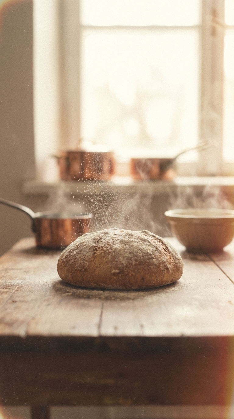 AI generated image using NANO_BANANA_PRO: fresh bread loaf with flour dust in air, warm kitchen morning light, soft focus ...