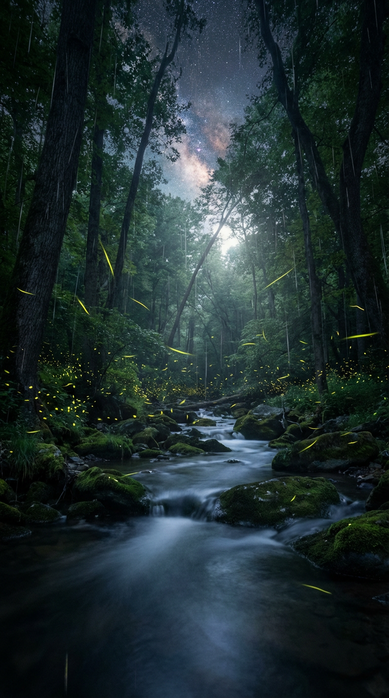 AI generated image using NANO_BANANA_PRO: a peaceful rainy forest creek at night, soft moonlight, gentle rain, glowing fir...