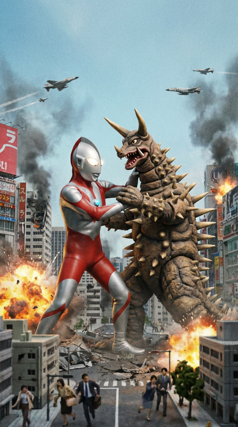 AI generated image using NANO_BANANA_PRO: Ultraman fights monsters