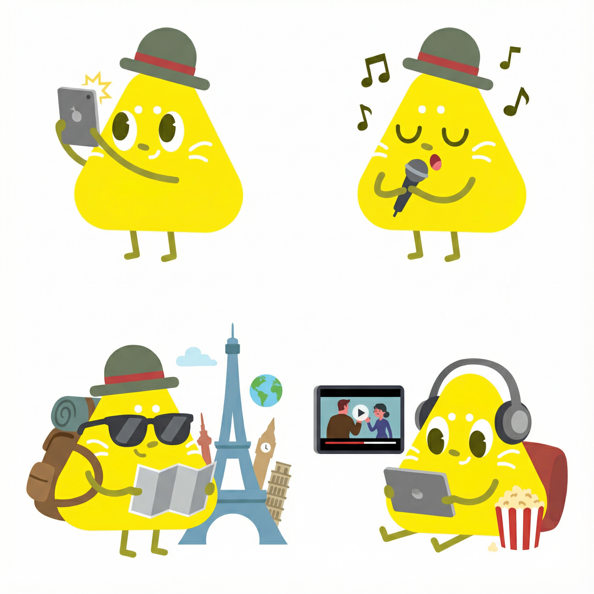 AI generated image using NANO_BANANA_PRO: 白色背景，2d风格，矢量化，不改变原素材生几个形象动作，在拍照，在唱歌，在旅游，在看剧