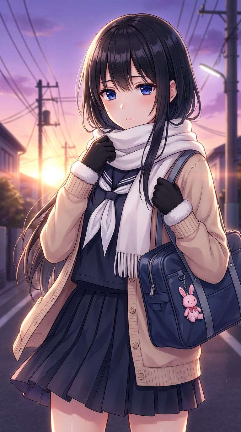 AI generated image using NANO_BANANA_PRO: 被写体：深い紺碧の瞳を持つ黒髪の少女。わずかに下がったまぶたは物憂げな雰囲気を漂わせ、肌は滑らかで輝くような輝きを放っている。  服装：濃紺のセーラー服の上に、...