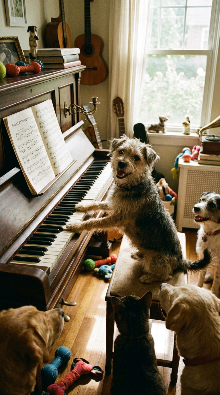 AI generated image using NANO_BANANA_PRO: Dog playing the piano