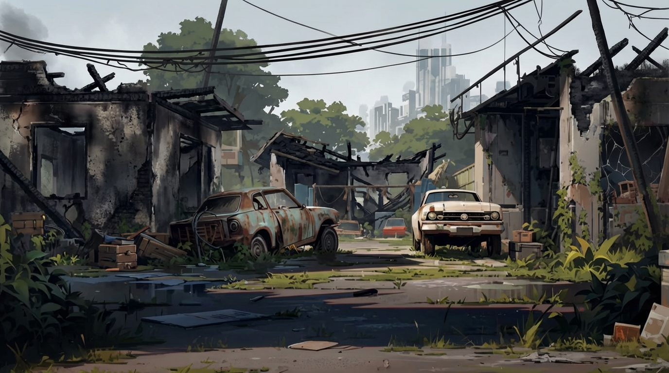 AI generated image using NANO_BANANA_PRO: Change the building in the image into scorched bungalow ruins.