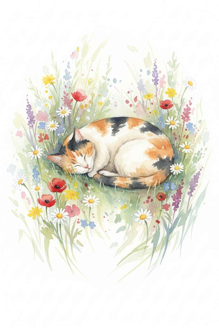 AI generated image using NANO_BANANA: watercolor painting of a calico cat sleeping in a field of wildflowers, soft pas...