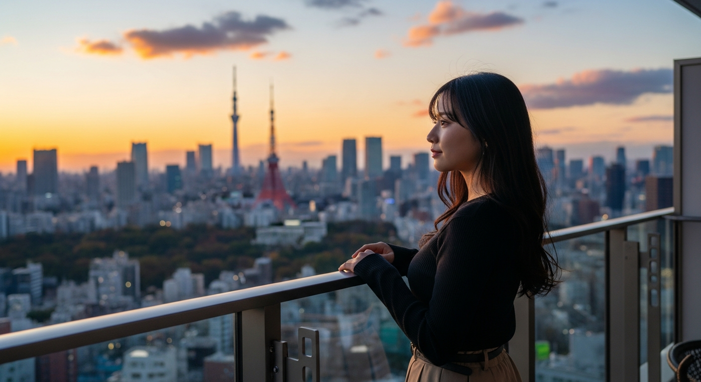 AI generated image using IMAGE4: A beautiful 20-year-old Japanese woman standing on a balcony with the Tokyo city...