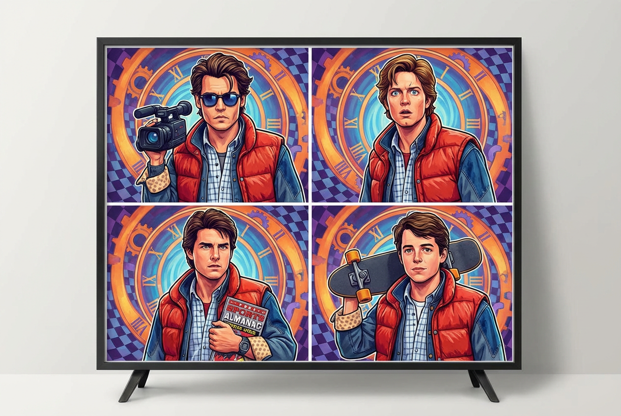 AI generated image using NANO_BANANA_PRO: A vibrant illustration for a Back to the Future themed quiz question. No text. J...