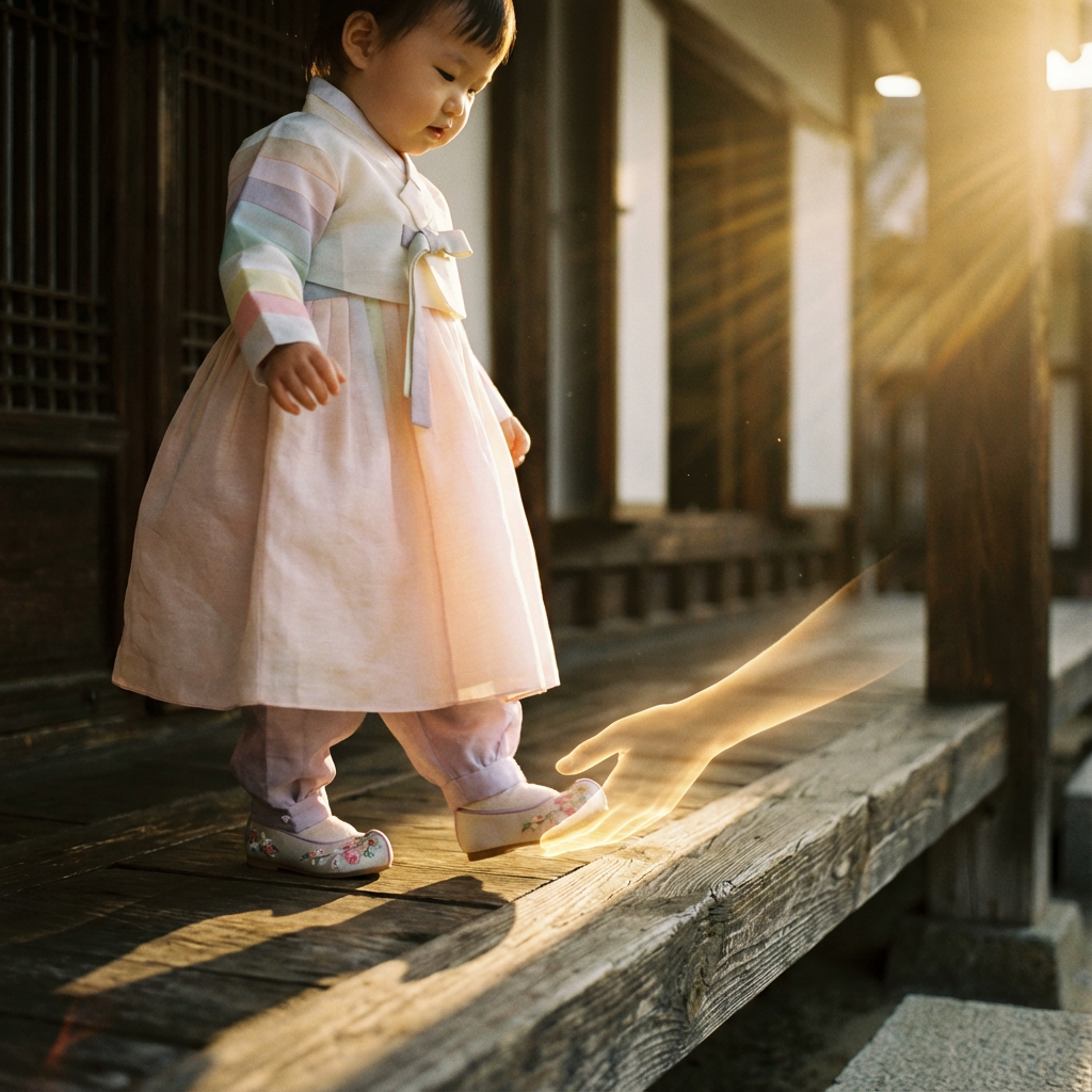 AI generated image using NANO_BANANA_PRO: A heartwarming, cinematic photograph taken during golden hour. A toddler (approx...