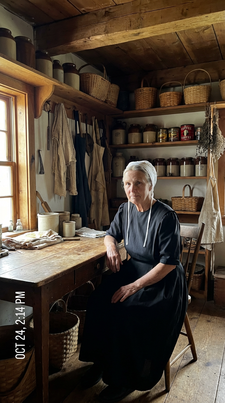 AI generated image using NANO_BANANA_PRO: A realistic, candid shot of an Amish woman seated at a wooden table inside a tra...
