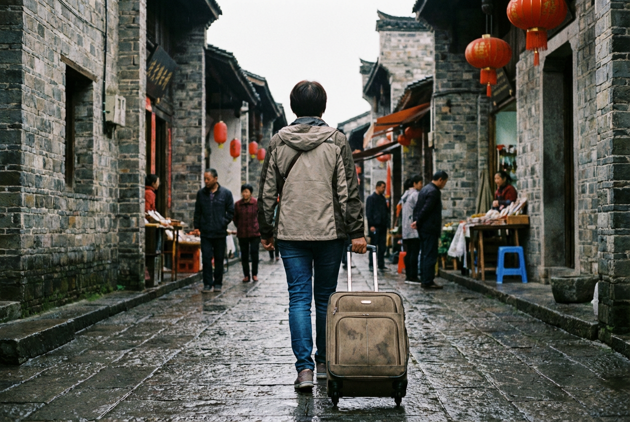 AI generated image using NANO_BANANA_PRO: A back view of an Asian woman in her 40s pulling a suitcase while traveling dome...