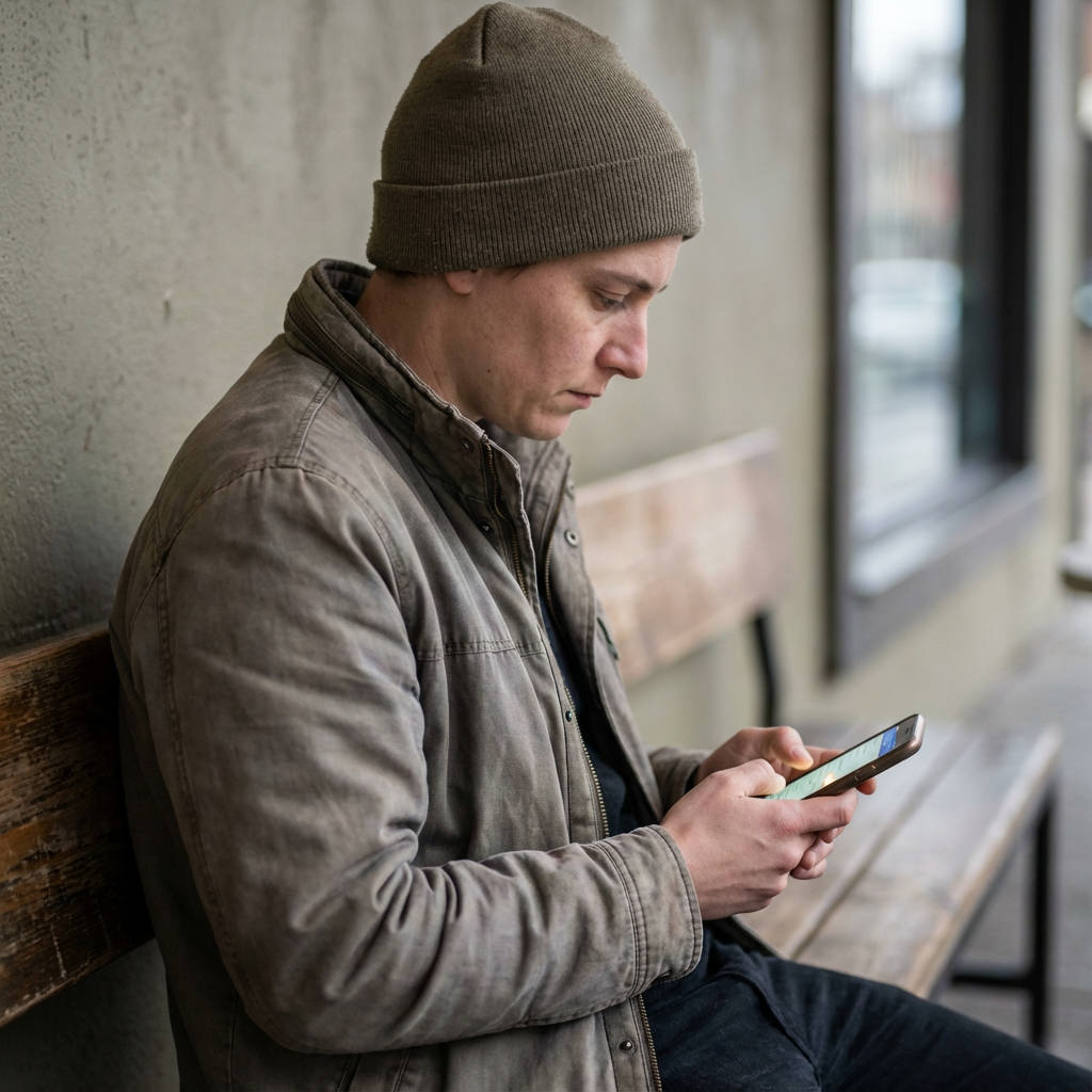 AI generated image using NANO_BANANA_PRO: 
A realistic person looking at a phone screen, neutral expression, simple compos...