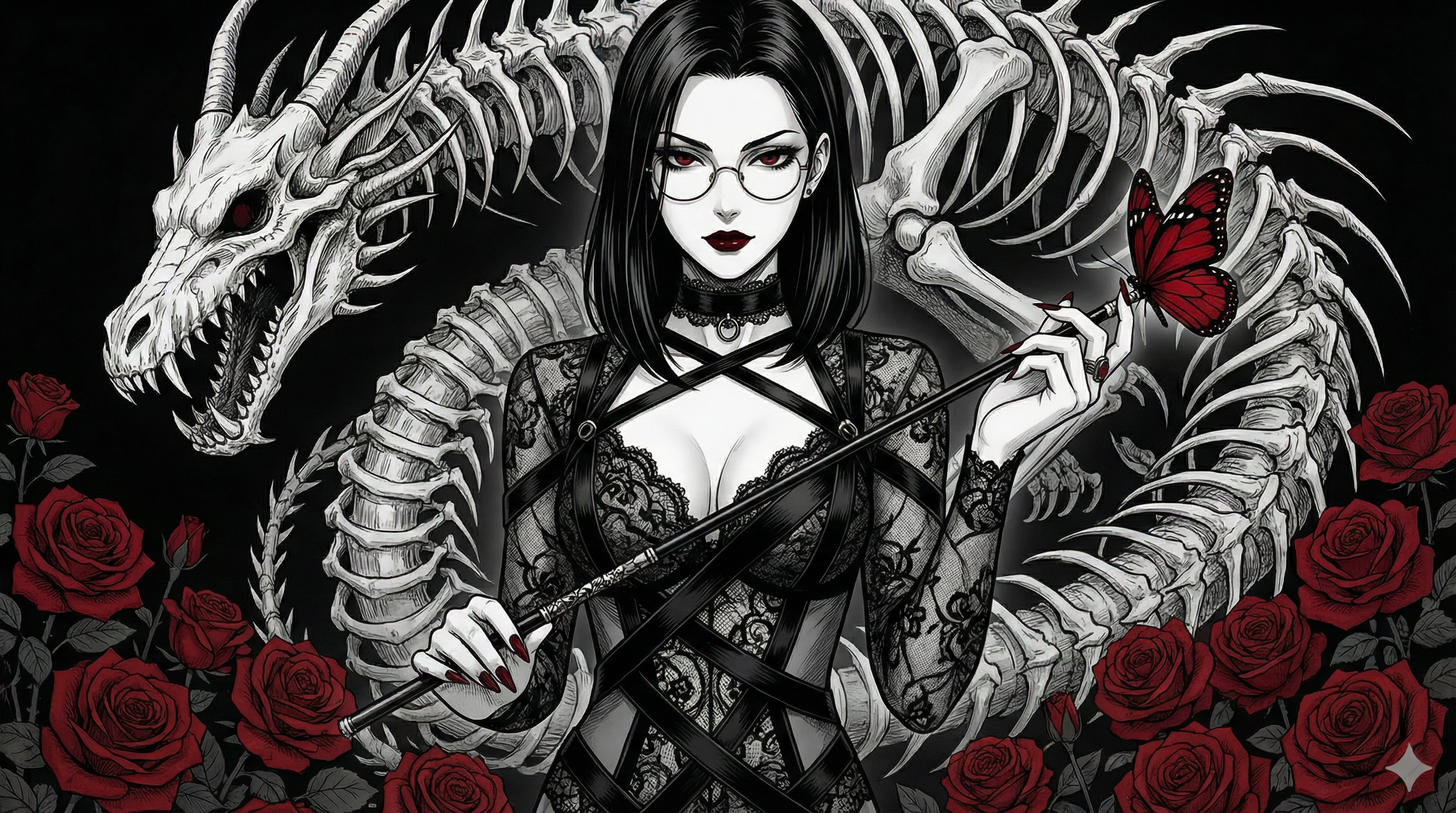 AI generated image using NANO_BANANA_PRO: Satsuki Keifu, Japanese gothic fantasy illustration, monochrome artwork with dee...