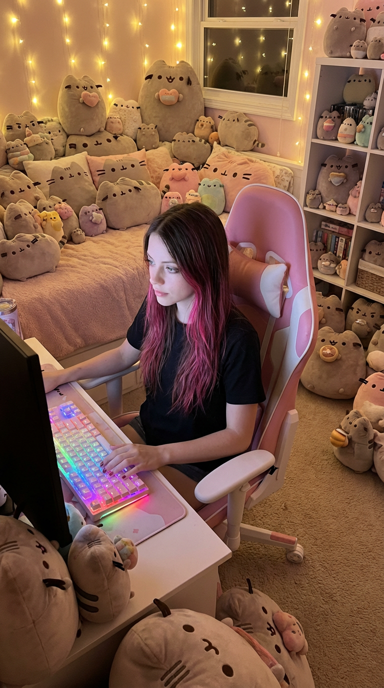 AI generated image using NANO_BANANA_PRO: Can you create an image of a girl sitting in a pink gaming chair, with her room ...