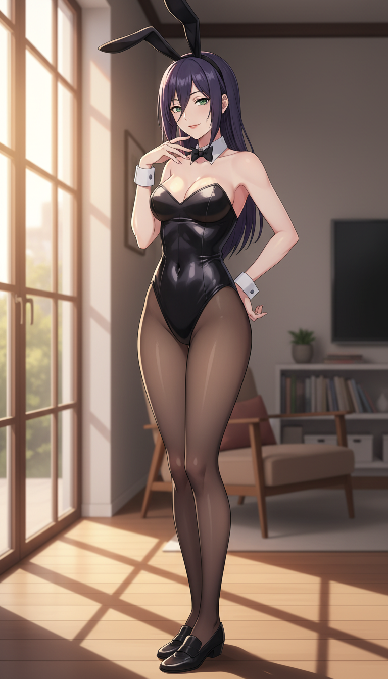 AI generated image using WERYAI_IMAGE_1_0: 
 Anime-style illustration of Reze from Chainsaw Man wearing a glossy black bunn...