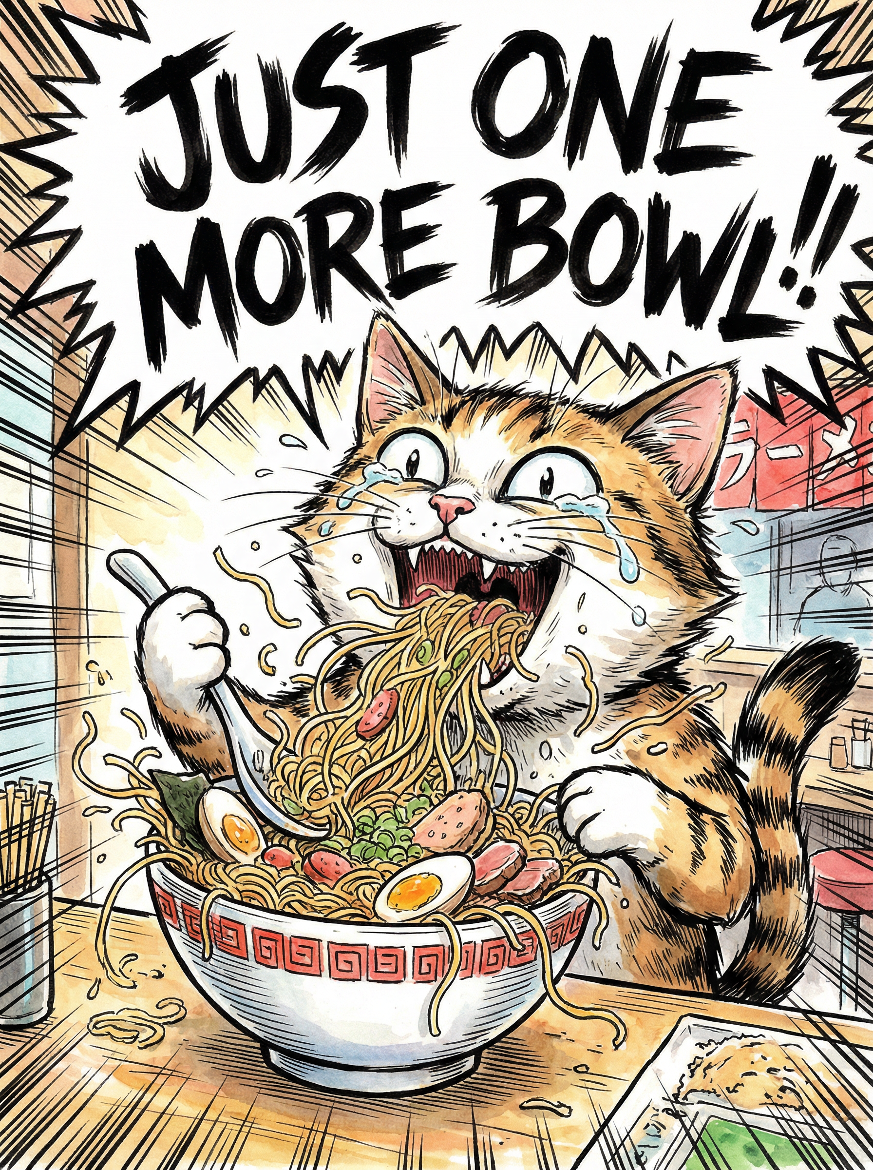 AI generated image using NANO_BANANA_PRO: Dynamic Japanese drawing-cartoon-style scene: a hungry cat, eyes wide, dramatica...