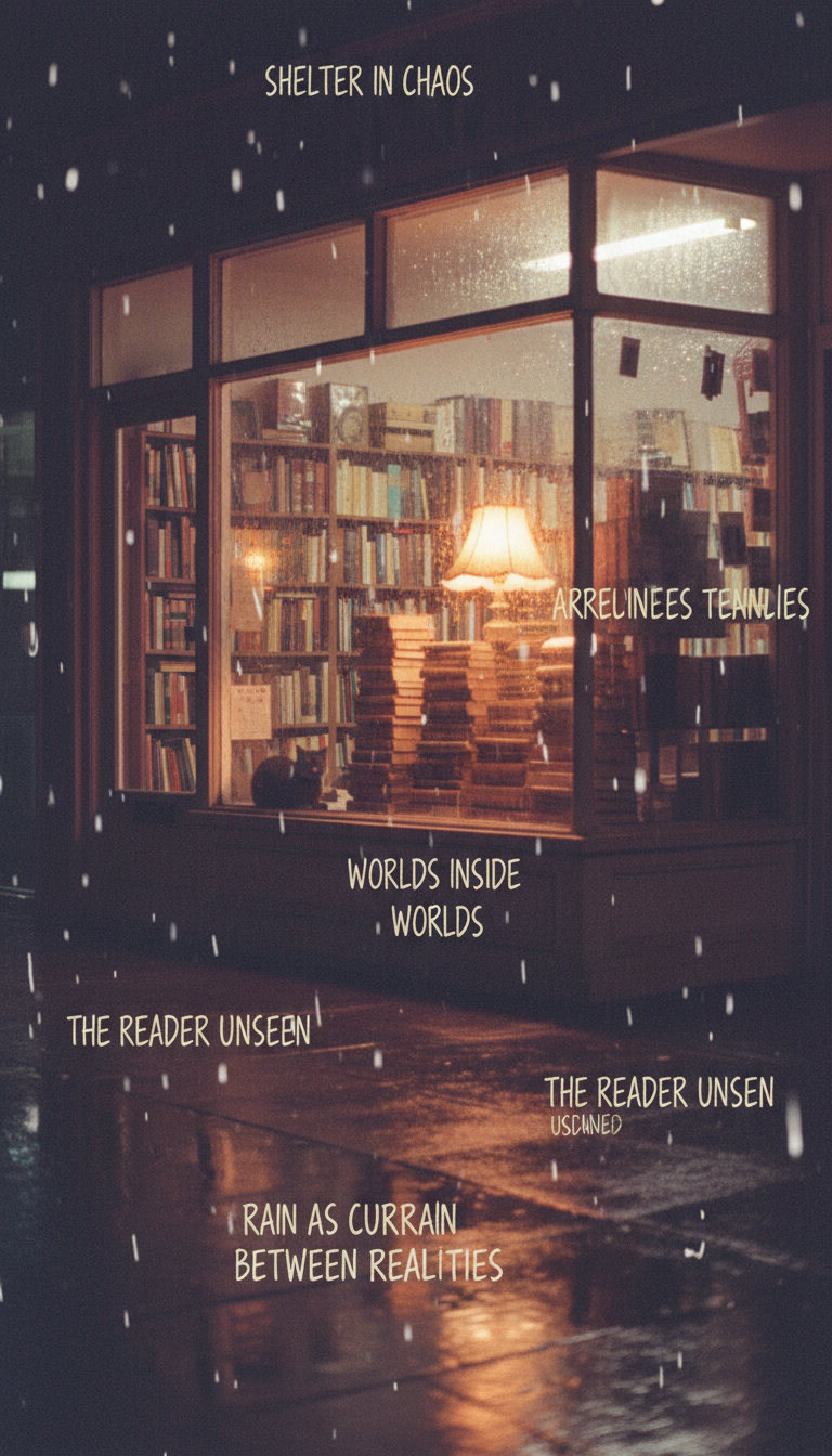 AI generated image using NANO_BANANA: Wisteria purple and warm yellow interior, tiny second-hand bookshop at rainy nig...