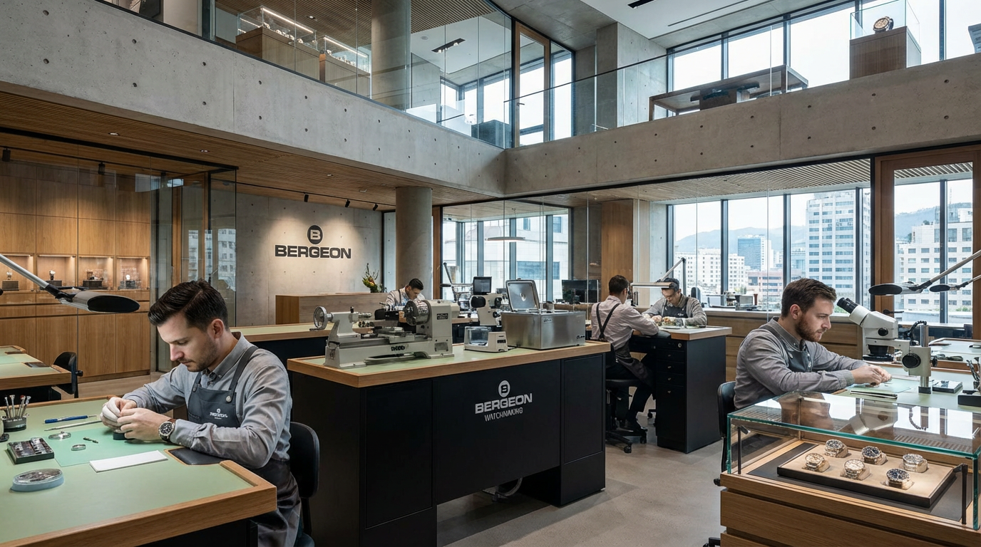 AI generated image using NANO_BANANA_PRO: Create a modern watchmaking workshop, several watchmakers, Bergeon machines. It ...