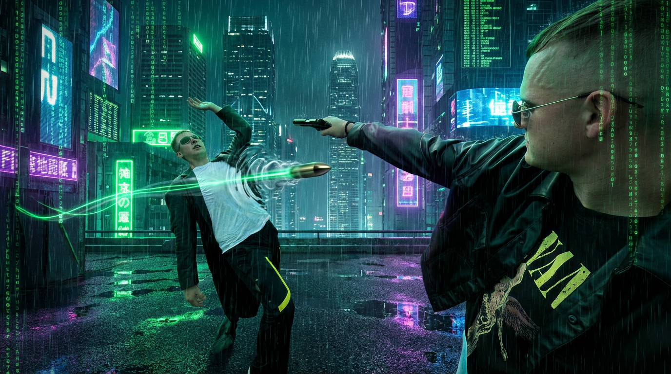 AI generated image using NANO_BANANA_PRO: create a new photo with these guys, the mood should be like in a matrix film, ne...