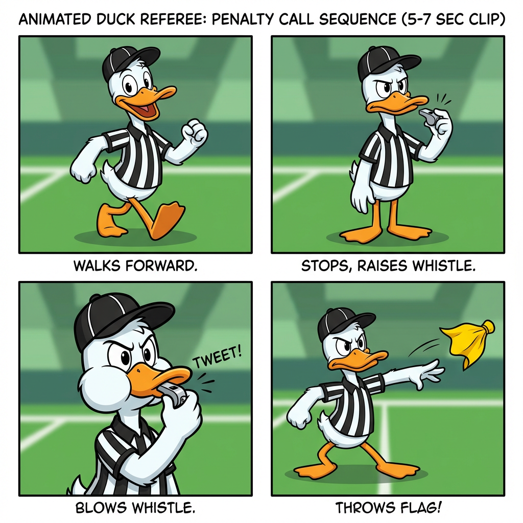 AI generated image using NANO_BANANA_PRO: “Animated cartoon duck wearing a black-and-white American football referee unifo...