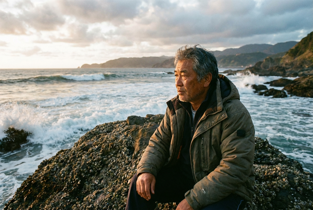 AI generated image using NANO_BANANA_PRO: A photo of a middle-aged Asian person sitting on a rock by the sea