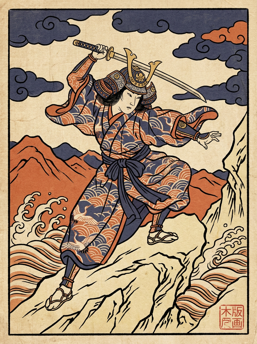 AI generated image using NANO_BANANA_PRO: Ukiyo-e woodblock print style, female samurai in dynamic pose, limited tradition...
