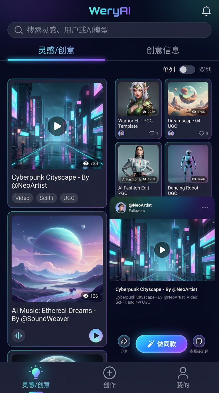 AI generated image using NANO_BANANA_PRO: Please design the UI style for an app named WeryAI, an AI creator community plat...