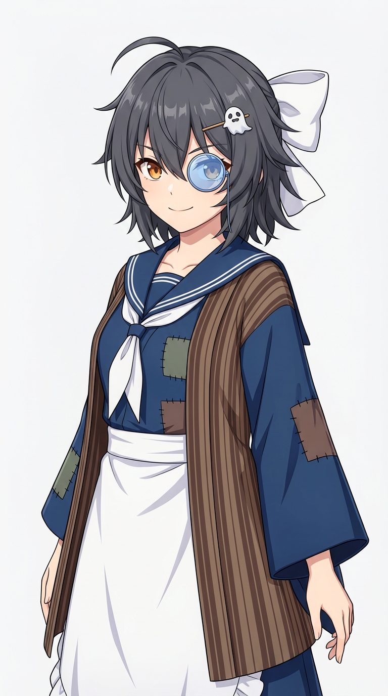 AI generated image using NANO_BANANA_PRO: Subject: A girl with messy dark grey hair and lively amber irises, her confident...