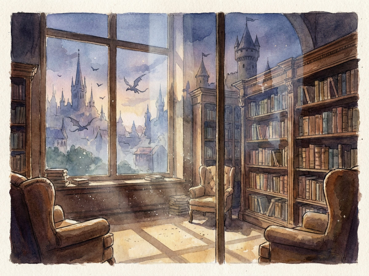 AI generated image using NANO_BANANA_PRO: I want to depict a scene looking out from inside a library. The style is Europea...