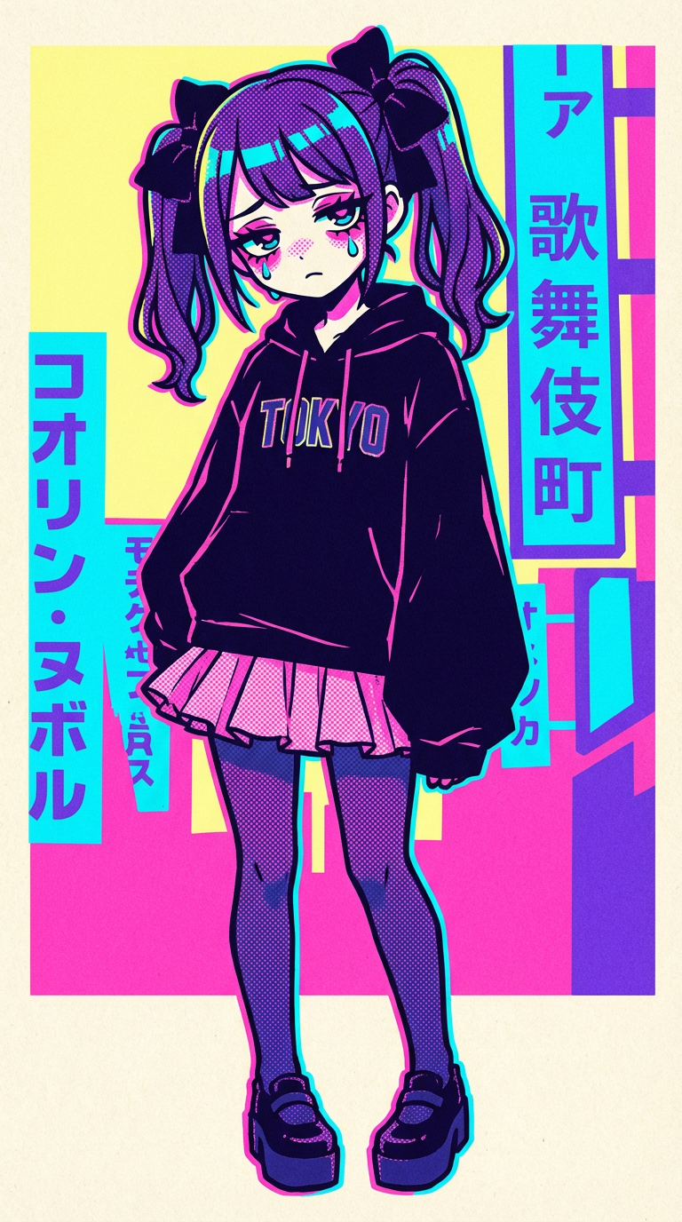 AI generated image using NANO_BANANA_PRO: Silkscreen print style, Andy Warhol inspired pop art aesthetic, Jirai-kei landmi...