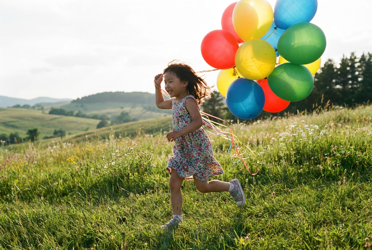 AI generated image using NANO_BANANA_PRO: An Asian girl running on the lawn holding a balloon