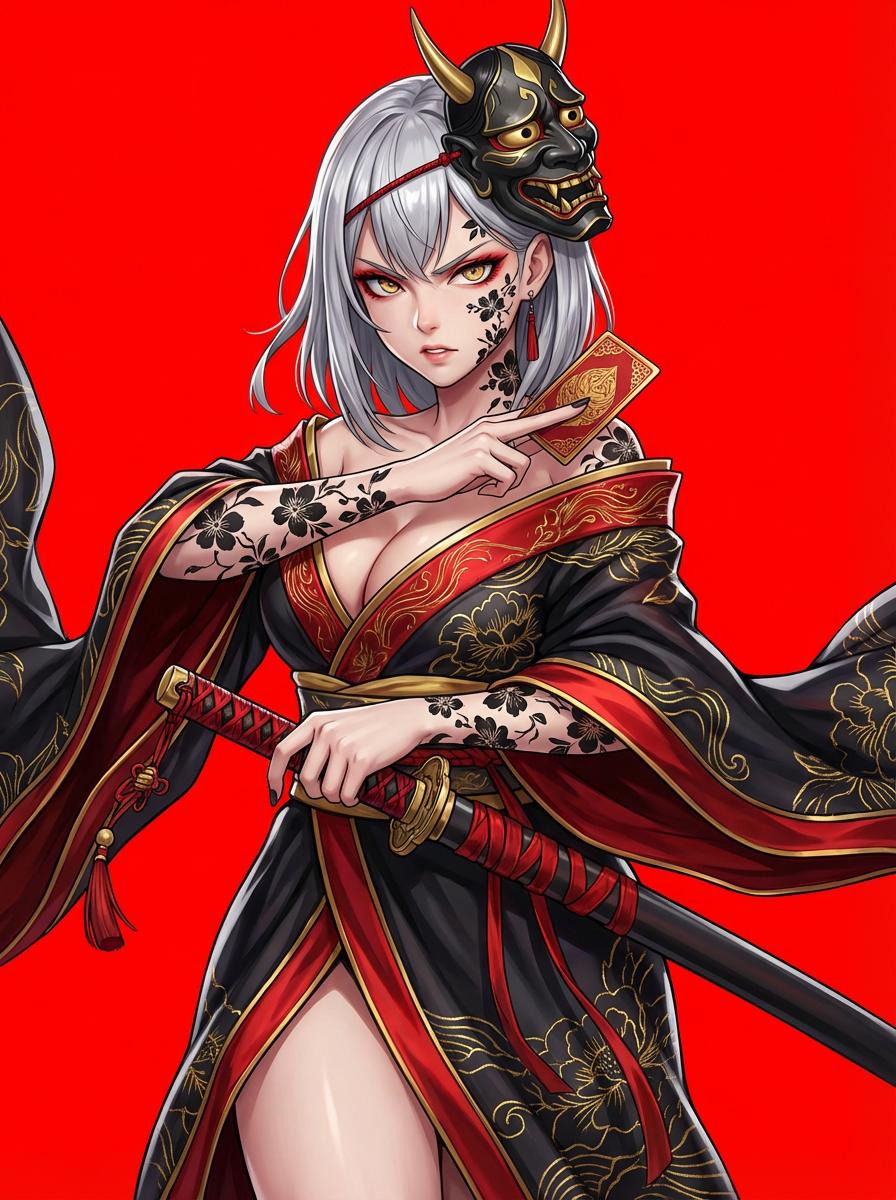 AI generated image using NANO_BANANA_PRO: Subject: Japanese anime-style girl with silver hair and pale skin, sharp golden ...