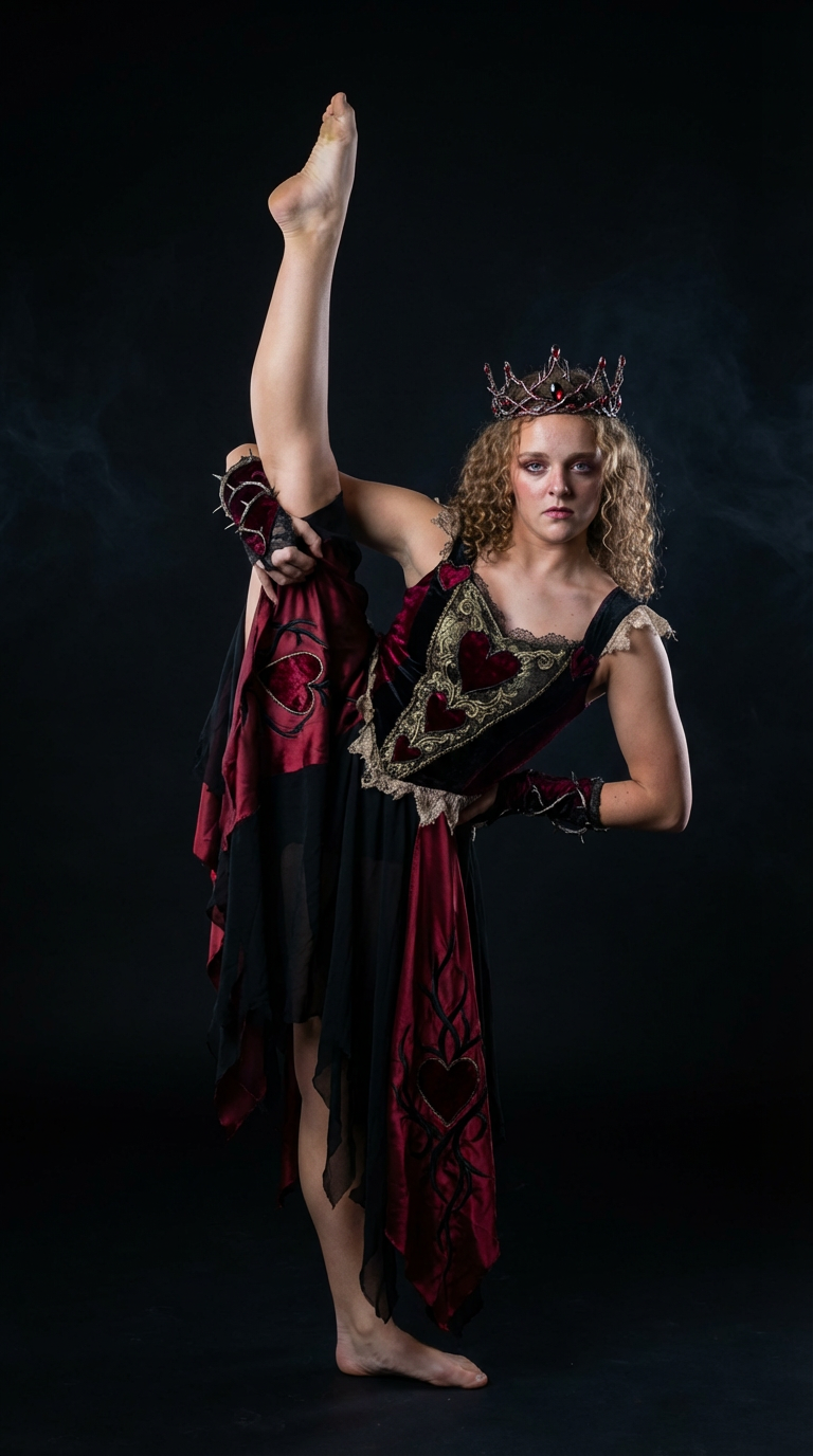 AI generated image using NANO_BANANA_PRO: Transform this image into the same dancer but wearing Queen of hearts profession...