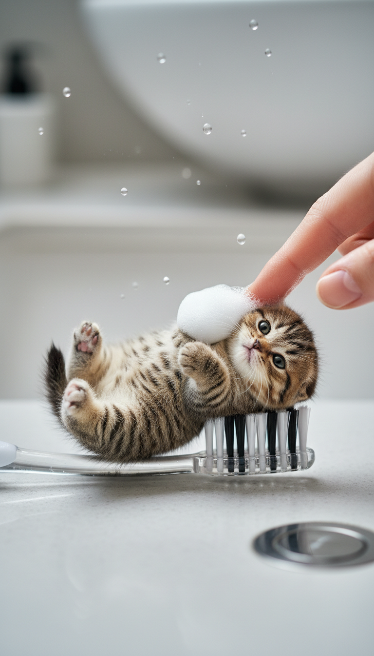 AI generated image using NANO_BANANA: A mini, plump tabby Scottish Fold kitten lying on its back on the bristles of a ...