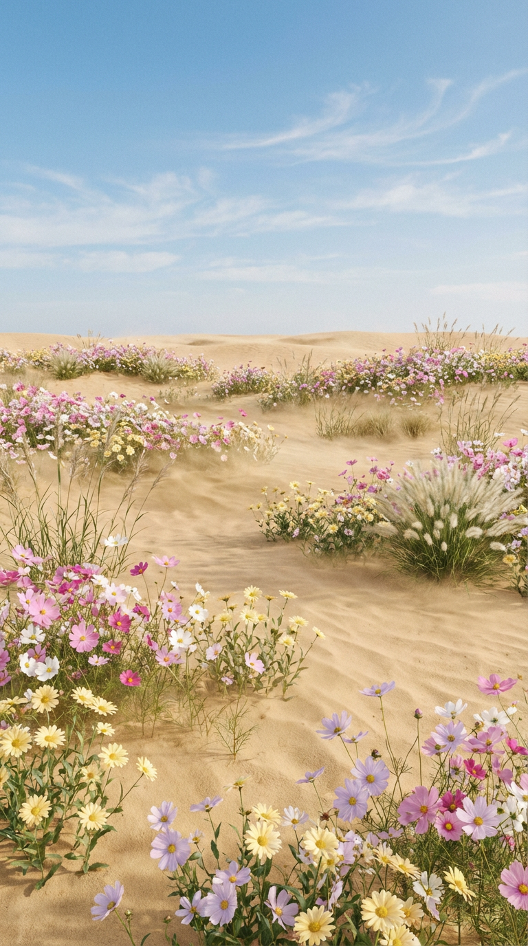 AI generated image using NANO_BANANA_PRO: An open wilderness of sandy land fine golden sand grains gently rising in the br...