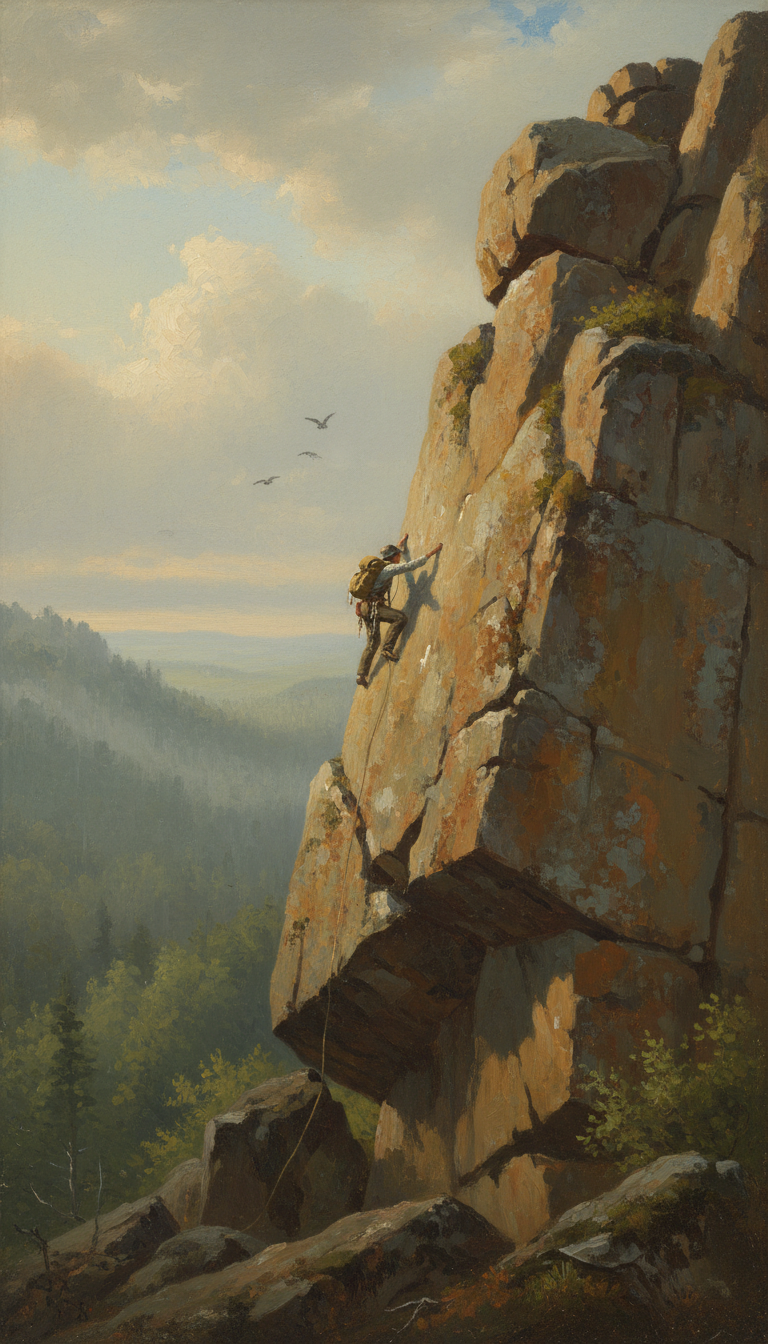 AI generated image using NANO_BANANA: Barbizon School landscape painting style, rock climber ascending massive granite...