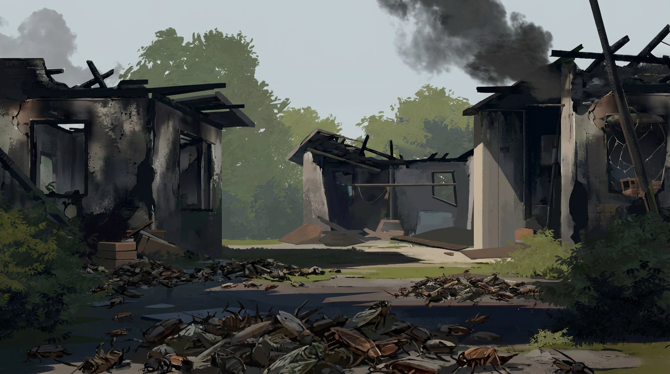 AI generated image using NANO_BANANA_PRO: The foreground consists of many piled-up insect corpses; the rest remains unchan...